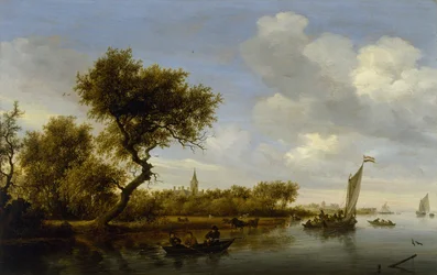 Flusslandschaft mit einer Kirche in der Ferne
